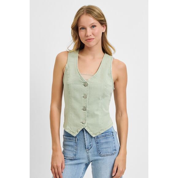 RISEN V-Neckline Button Closure Sleeveless Stretch Casual Denim Vest | Pistachio - Picture 4 of 7